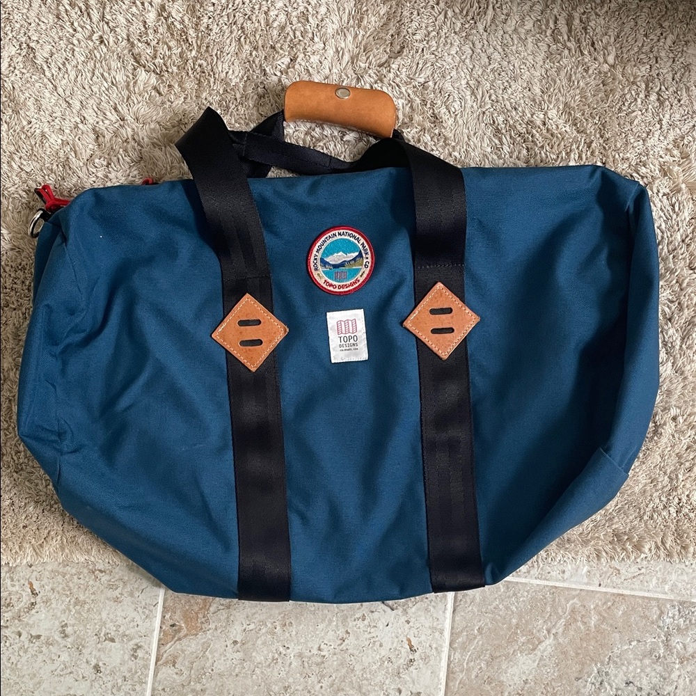 Topo Designs Navy Duffel Bag with Black Straps